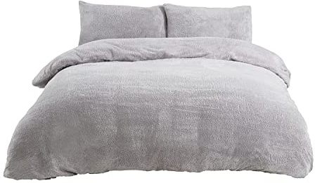 Sleepdown Teddy Fleece Duvet Cover Quilt Bedding Set with Pillow Case Thermal Warm Cosy Super Soft - Single - Grey