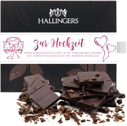 Hallingers Genuss Manufaktur Vegane Schokolade Liebes-Geschenk - Tafel aus handgeschöpftem Edelkakao ohne Alkohol edler Karton Zur Hochzeit Himbeer-Maracuja, Geschenkidee für Brautpaar