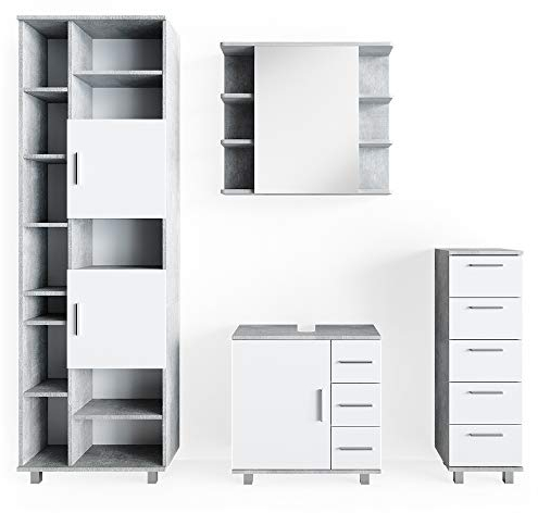 Vicco Badmöbel-Set Ilias, Badezimmerschrank-Set, Beton/Weiß, 4 Teile