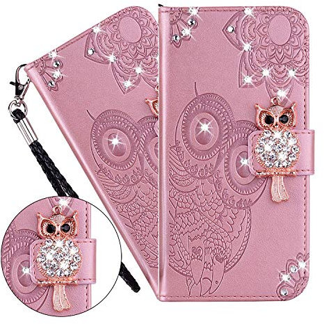 LEMAXELERS Galaxy A30S / A50S Hülle,Samsung Galaxy A50 Handyhülle Glitzer Diamant Eule Blume Prägung Flip Case PU Leder Cover Magnet Schutzhülle Ständer Handytasche für Samsung Galaxy A50,YK Owl Rose
