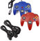 miadore 2 Pack Classic N64 Controllers (Blue/Red) Bundle with 2 Pack 6FT N64 Controller Extension Cable for N64 Console Video Games