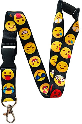 PAC Supplies Global Lustiges Umhängeband in Kindergröße mit Sicherheitsverschluss, exklusiv für Kinder hergestellt, Schwarzes Emoji mit Schnallenclip