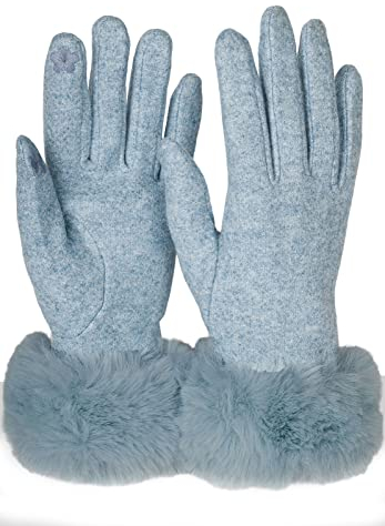 styleBREAKER Damen Touchscreen Handschuhe Einfarbig mit Kunstfell Besatz, warme Fingerhandschuhe, Winter 09010038, Farbe:Hellblau