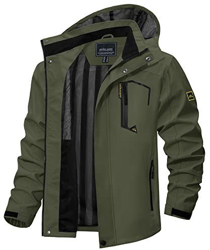 TACVASEN Veste Imperméable a Capuche Homme Veste de Pluie Légère Randonnée en Plein Air Vêtements de Sport Décontractés Vert Armée,S