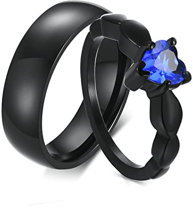 Gualiy Partnerringe Paar Edelstahl, Eheringe für Sie und Ihn Set 6MM Schwarzer Ring mit Blau Zirkonia Herz Ring Damen 60 (19.1) & Herren 67 (21.3)