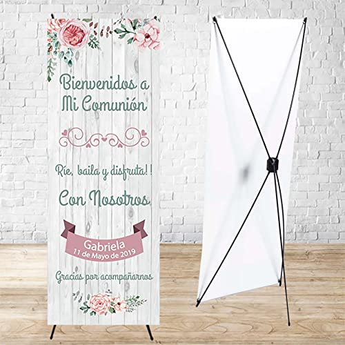 Cartel Comunión niña flores mint y fondo madera con soporte 60 x 160 cm. Decoración comunión, Photocall personalizado con nombre y fecha. Fabricación Española, banner de bienvenida