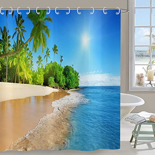 Hnmdmyi Rideau de douche 180 x 200 cm en polyester imperméable lavable pour salle de bain avec crochets Motif paysage tropical, palmiers, bord de mer, île bleu ciel hawaïen