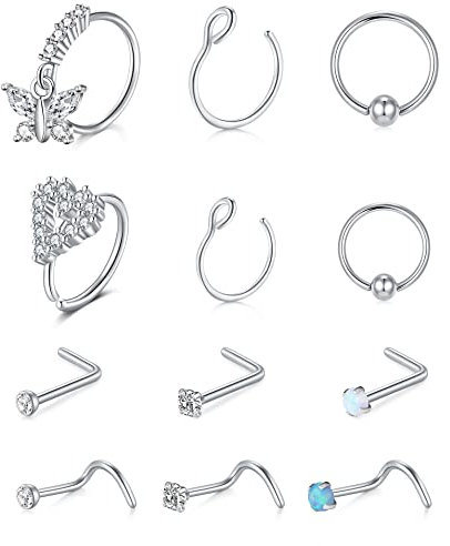 AVYRING 20G Nasenstecker L Form Spirale Nasenpiercing Ring Hoop Chirurgenstahl Corkscrew Opal Herz Schmetterling Nostril Piercing 12 Stück