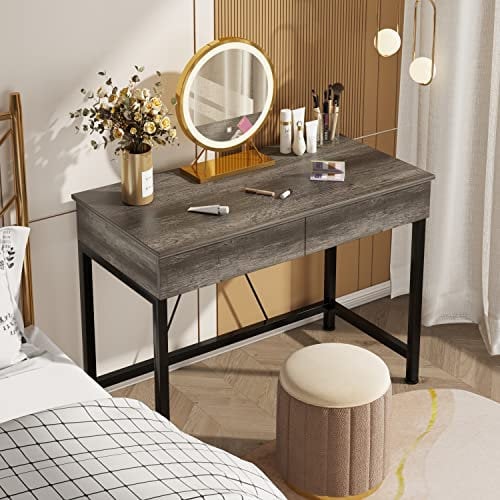 CAIYUN Computer Desk with Drawers, Dressing Table, Vanity Desk, Make Up Desks, Home Office Desks with Storage, Study Tables for Small Space, Laptop Table Made of Wood and Metal, 39.4, Grey Oak