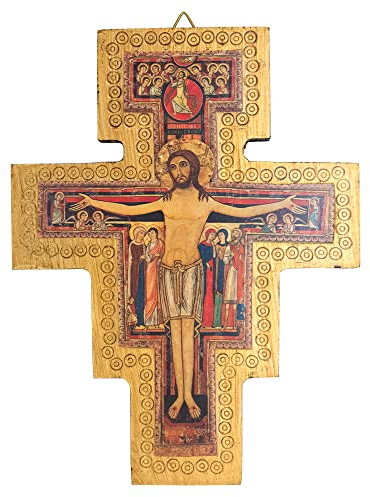 San Damiano Wandkreuz,Flaches Kreuz oder Weihwasser-Schrift,tolle katholische Wohnkultur,religiöses christliches Geschenk für Erstkommunion, Konfirmation, Ordination oder Einweihungsfeier (Wandkreuz)