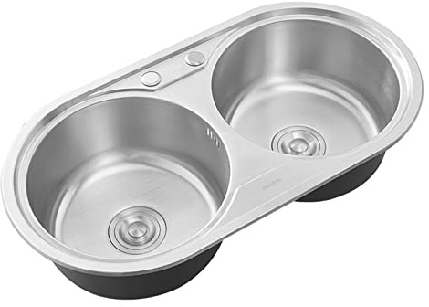 TCOYDS Fregadero Fregadero Cocina Fregadero de Acero Inoxidable Doble Seno Fregadero Empotrado Fregadero Cocina Lavabo Fregadero utilitario Redondo de Doble Seno con Grifo extraíble y escurridor