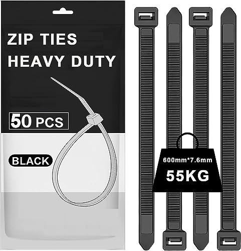 Kabelbinder Schwarz 600mm x 7,6 mm, WLEAD 50 Stück extra starke Kabelbinder mit 55kg Zugfestigkeit UV-beständig große Nylon-Kunststoff selbstsichernde multifunktionale Kabelbinder