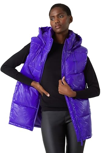 Roman Originals Quilted Gilet with Hood for Women UK Ladies Sleeveless Coat Hooded Jacket Padded Bodywarmer Winter Lightweight Warm Autumn Funnel Neck Longline Soft Bubbly - Purple - Size 12