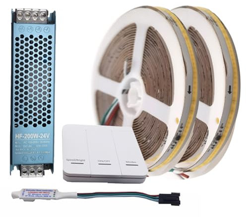 Vrabocry WS2811 COB - 10 m - Tira de luces LED - Blanco cálido - 360 LED/m - Controlador RF - Fuente de alimentación 24 V