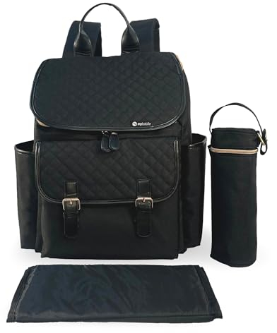 My Babiie Changing Bag Backpack - With Insulated Bottle Holder, Portable Changing Mat, Baby Travel Bag, Nappy Back Pack, 9 Pockets - Black Quilted