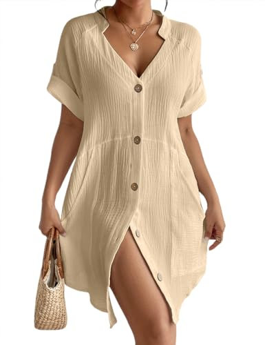 Bsubseach Comfy Beach Cover Up Lightweight Button Down Tunic Daily Shirt Dress for Women Apricot M