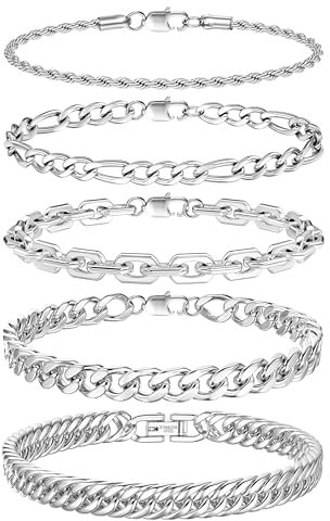ADRAMATA 5 Pcs Chain Bracelet for Men Women-Stainless Steel Mens Bracelets Cuban Link Chain, Silver Hip Hop Curb Bracelet Set, Men's Jewellery Gifts, 19/21/23CM,19