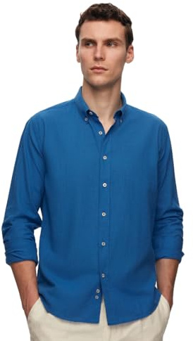 D'S DAMAT Leinenoptik Hemd Herren Langarm Slim Fit, 100% Baumwolle Atmungsaktiv Freizeithemd Herren, Leichte Kleidung Herren, Schickes Männer Hemd, Sommer Shirt, 6 Farboptionen, S M L | Saks Blau - m