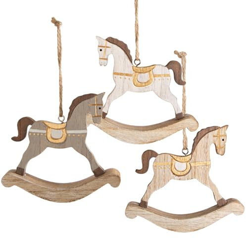 Logbuch-Verlag 3 Schaukelpferde zum Aufhängen Nostalgie Vintage Weihnachtsdekoration Weihnachtsbaumanhänger 10 cm braun Gold