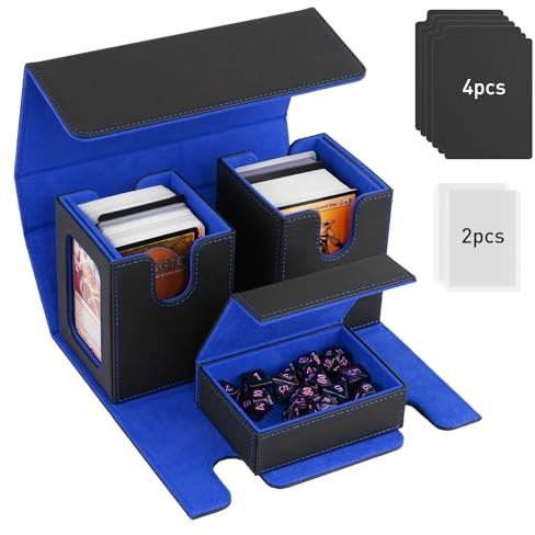 TiMOVO Caja de Cartas para MTG, Soporte Mazo de Cartas para 200+ Cartas de Doble Funda, Deck Box con 2 Expositores & 4 Divisores & Bandeja de Dados para YuGiOh, TCG, CCG Cartas Mágica, Negro&Azul