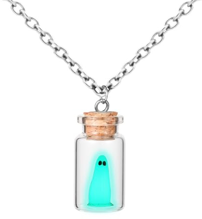 lasuroa Glow in the Dark Ghost Necklace, Ghost in A Bottle Halloween Light Up Necklace Luminous Ghost Necklace Spooky Ghost Pendant Necklace Adopt a Ghost Jewelry for Women and Men