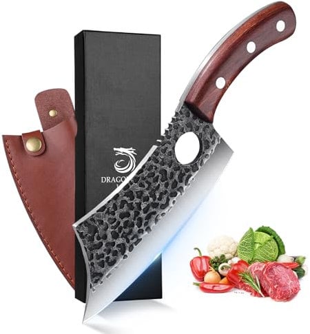 DRAGON RIOT Hackmesser Japanisch, Wikinger Messer mit Holzgriff, Fleischermesser Profi Hackbeil für Knochen, Küchenmesser scharf Metzgermesser, Full Tang Outdoor Messer Fleischerbeil fur Küche Grill