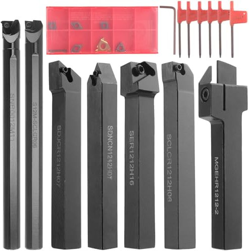 Geevorkss 21Pcs 12mm 1/2'' Juego de Herramientas de Torneado CNC,Herramientas de Torno para Metal,Indexable Carburo Inserto Torneado Herramientas Brocas,7 Portaherramientas, 7 Cuchillas, 7 Llaves
