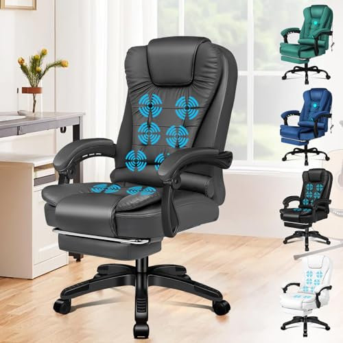 ELFORDSON Executive Office Chair with 8-point Massage Seat Heated, PC Desk Gaming Chair with Armrests Footrest High Back 150° Recliner Tilt Padded Swivel PU Leather, Grey
