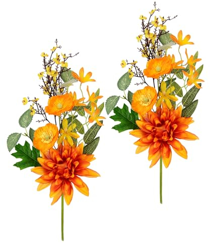 Dekozweig mit Chrysantheme Mohnblume Herbstlaub 42 cm Herbstzweig Künstliche Blumen Kunstblumen Deko-AST Kunstlaub Seidenblume Blumendeko Zweig Herbstdeko Kunstzweig Einzelblume 2erSet