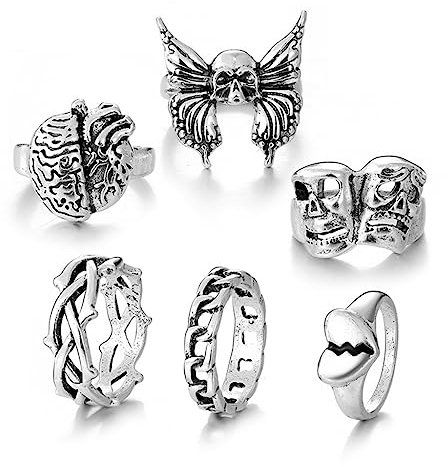 GMBYLBY 6 x Gothic-Ringe, Punk-Ringe, Totenkopf des Todes, Gothic-Ringe, Brambles, Schlangenringe, Herren, stapelbar, Gelenkschmuck, Siehe Abbildung