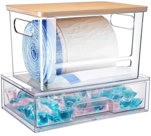 YAFFWA 2Pcs Trash Bag Holder Under Sink Stackable Storage, Extra Large Laundry Room Organization and Storage, Laundry Pod Organization with Lid, Garbage Bag Dispenser Roll Holder for Kitchen Cabinet