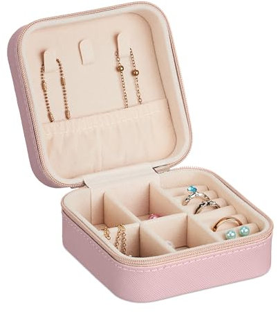 Relaxdays Schmuckkästchen, kleine Schmuckaufbewahrung, Ringe & Ketten, Reise Schmucketui, HxBxT: 5 x 10 x 10 cm, rosa