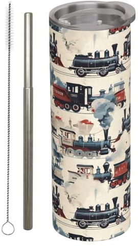amepay Retro Steam Train Stainless Steel Insulated Tumbler with Lid - 20oz Classic Locomotive Travel Mug, Reusable Metal Straw & Brush, Double-Wall Vacuum Bottle Cup for Hot Cold Drinks,Gifts