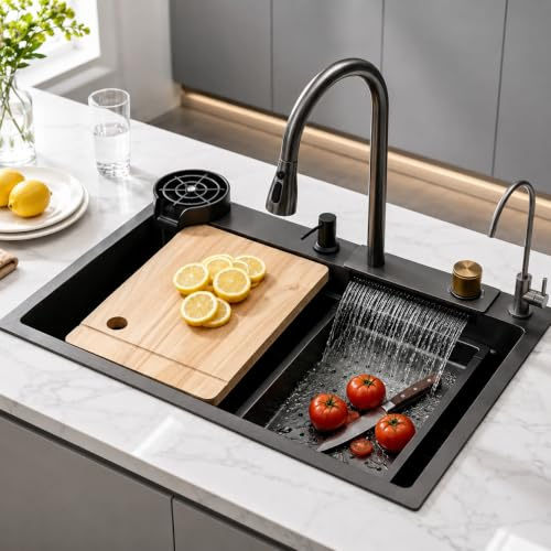 DSMRLEOP Fregadero de cocina de acero inoxidable negro, 65x50cm estación de trabajo multifuncional con grifo de cascada extraíble, lavavajillas de alta presión, sifón con cesta de drenaje