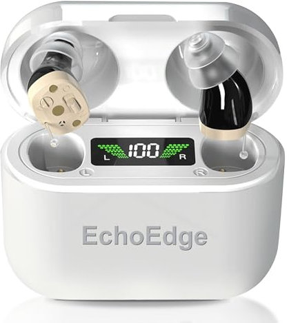 ECHOEDGE Rechargeable Hearing Amplifier - Personal Voice Amplifier with Microphone for Enhanced Sound Clarity - Invisible Design with HD Power Display, Noise Reduction & 30hr Battery Life