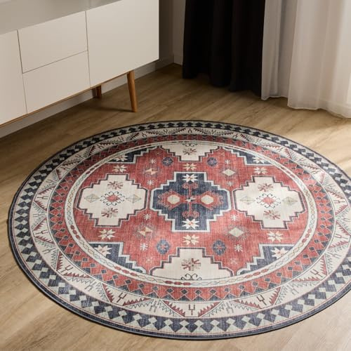 benuta Basic Waschbarer Teppich George - Multicolor/Blau 120 cm rund - Kunstfaser - rund & im Style: Vintage, Elegant, Retro - Pflegeleicht für Wohnzimmer Schlafzimmer