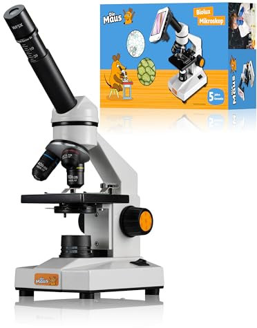 DieMaus Mikroskop 20x-1280x für Einsteiger mit LED-Beleuchtung, Barlow-Zoom, Smartphone-Adapter, umfangreiches Zubehör, batteriebetrieben