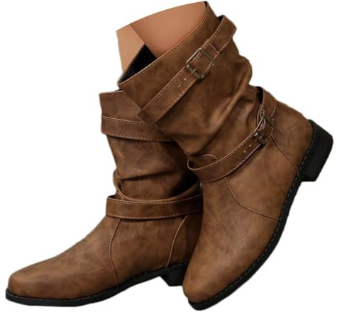 ticticlily Bottes et Bottines Femme de Cowboy Motard Casual Bottes à Talons éPais Hiver Mode Bout Rond Confortables sans Lacet Chaussures Courtes Mi-Mollet Bottes