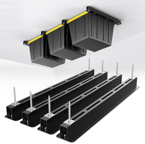 EVERHANGER Decken-Aufbewahrungsregal, robustes Überkopf-Garagen-Aufbewahrungsregal, verstellbares Deckenbehälter-Aufbewahrungssystem, 4 Sets für 3 Behälter, 66 cm