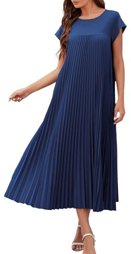 Adigaber Damen Langes Kleid Sommer Plissee Casual Rundhalsausschnitt Einzigartig Kleid mit Taschen