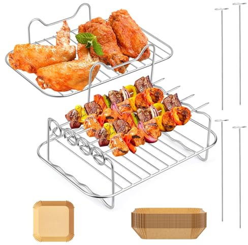Heißluftfritteuse Grillrost und Dämpfen Rack, 7in Airfryer Zubehör, mit 4 Backnadeln, Mehrzweck-Doppelschicht Rack, Dämpfen Rack Mehrzweck Air Fryer Zubehör(Bringen Sie 50 Stück Silikonölpapier mit)