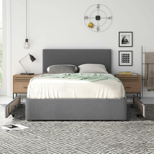 Panana Linen Fabric Bed Frame with 2 Drawers Storage and Adjustable Height Headboard, No Mattress (Plain Grey, 4FT6 Double)