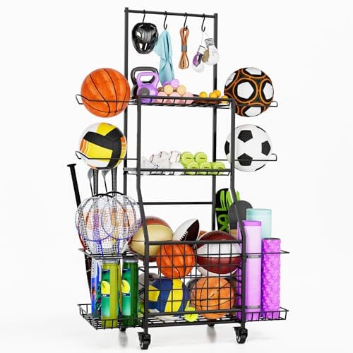 cutefafa Sports Equipment Storage for Garage, Ball Rack Sports Organizer Multi Tier Rolling Ball Storage Cart Outdoor Organizer with Wheels for Toys, Sport Gear