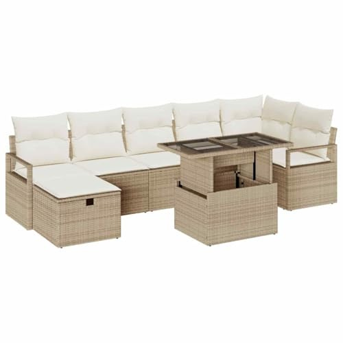 vidaXL Garten-Sofa-Set mit Kissen mit Speicher 8 pcs Beige Poly Rattan, Garten und Terrasse, modernes Outdoor-Möbelset, verstellbare Füße, modulares Sofa mit Stauraum, wetterfester Sitz.