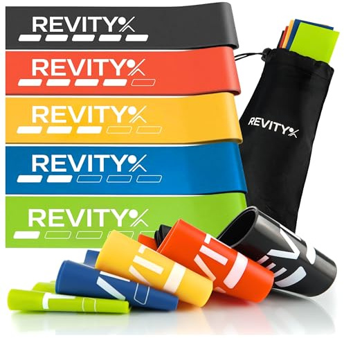 Revity Fitnessbänder 5er Set, Widerstandsbänder aus 100% Naturlatex 5-25 kg | Reißfest, Langlebig, Inklusive 30-Tage-Trainingsplan als PDF, Tragetasche, Heimtraining, Reha, Pilates, Yoga