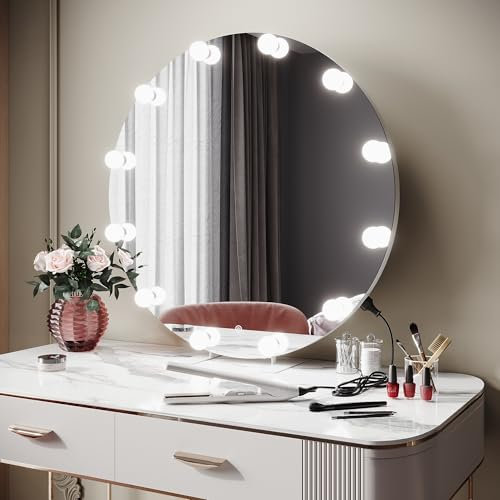 SIRHONA Miroir Maquillage Round 80cm Lumineux - 12 LED Lampes, 3 Couleurs LED, Dimmable avec Mémoire, Prise Intégrée - Miroir Coiffeuse Circulaire Installation Murale/sur Table