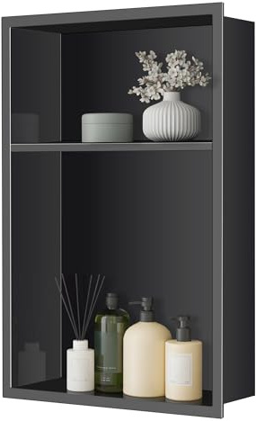 FTL Stainless Steel Black Shower Niche 457 x 305 x 100mm,2-Tier Shower Niche Wall Insert,Embedded Wall Niche No Tile Needed,Bathroom Shower Storage Niche,Waterproof Bathroom Wall Niche