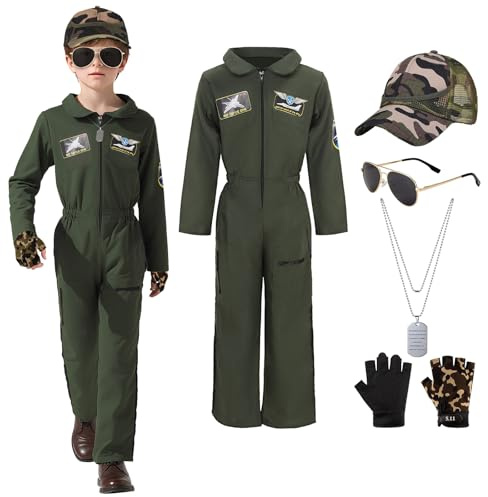 AENEY 5-teiliges Kampfpilotenkostüm für Kinder, Overall der Flugarmee mit Handschuhen, Halskette, Hut, Sonnenbrille, Maverick-Outfit, Halloween, Cosplay