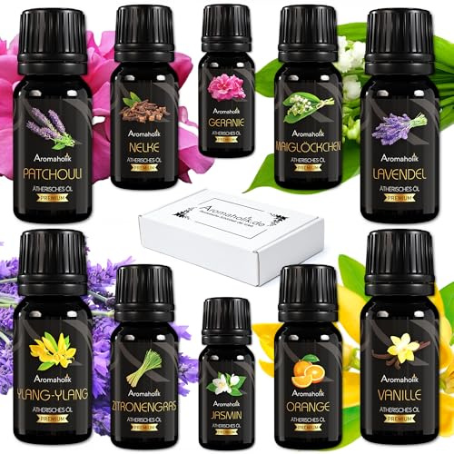 Aromaholik 10er Damenset Ätherische Öle BIO 100% natürlich – Pflege & Wohlbefinden – Essential Oil Set 10 ×10 ml, zertifiziertes Öl aus Indien