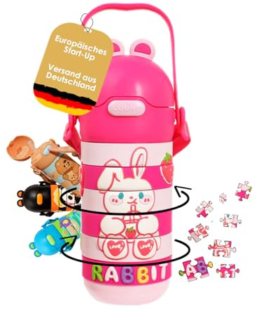 KiDDOH Kinder Trinkflasche, Edelstahl mit drehbaren Puzzle-Ringen, 430 ml, BPA-Frei, 100% auslaufsicher, 12 Stunden warm/kalt - Kindergarten & Schule (Rabbit Rosa)